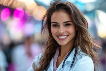 Fototapeta premium Smiling healthcare professional in a busy medical environment showcasing compassion and dedication to patients