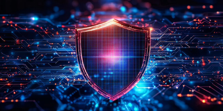 technology featuring network security grids and holographic warning icons, cyber defense theme