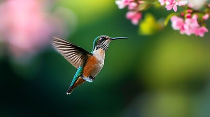 Fototapeta premium Hummingbird in Flight Near Pink Flowers