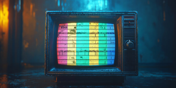 Vintage TV error screen with color bars, static noise, and analog scan lines