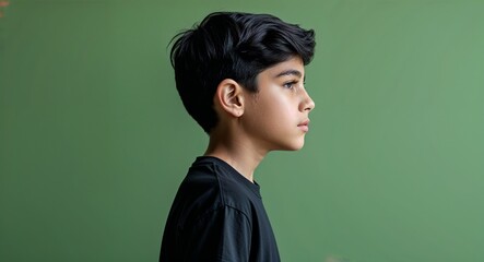 Naklejka premium Hispanic boy in plain green background wearing a black t shirt young teen side view portrait
