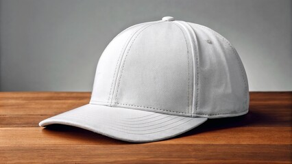 Fototapeta premium White cap on wooden table with gray background for fashion concept