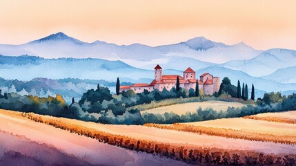 Serene Watercolor Landscape with Hills and Historic Castle at Sunset