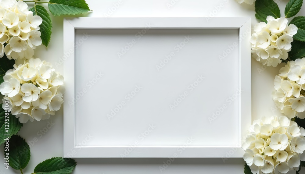 Poster flat lay photo of white empty frame decorated with white hydrangea flowers on sides, top view. elega