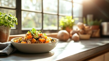 A country-style quinoa bowl with roasted root vegetables, casually placed on a farmhouse kitchen counter with natural sunlight streaming in