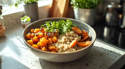 A country-style quinoa bowl with roasted root vegetables, casually placed on a farmhouse kitchen counter with natural sunlight streaming in