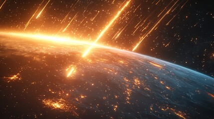 Obraz premium Fiery Meteor Shower Over Earth Night Cityscape Wallpaper