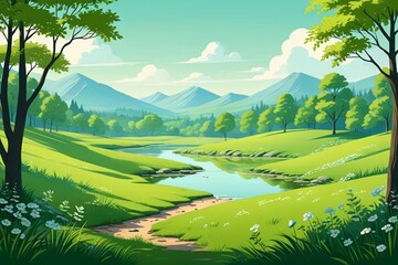 a cartoon illustration of a beautiful green valley with a river