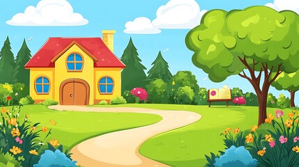 Naklejka premium Cartoon house landscape, outdoors, path, trees, flowers, background
