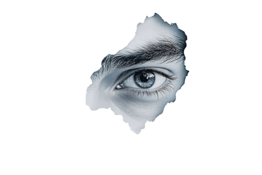 Realistic human eye peeking through torn paper