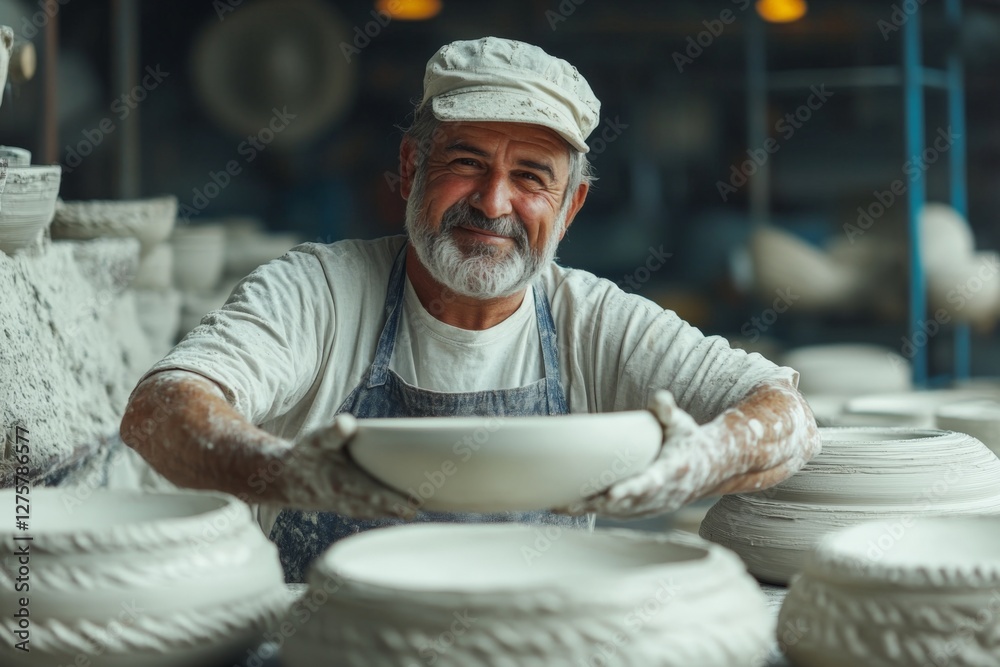 Aufkleber skilled potter shaping clay bowls in a workshop filled with pottery during the afternoon