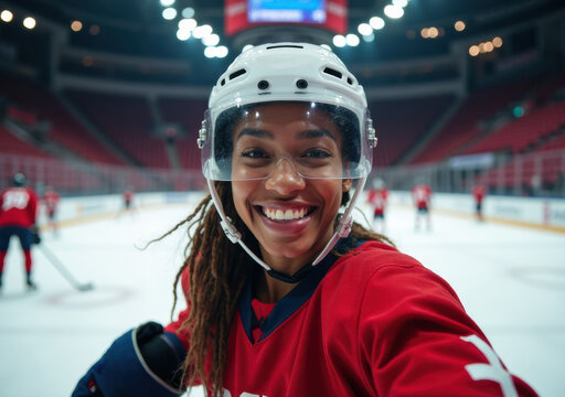 Smiling hockey player in red jersey poses on the ice rink during practice