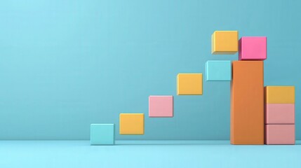 Successful project management timeline concept. Colorful blocks arranged in a rising staircase pattern on a vibrant background.