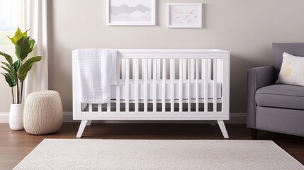 Modern nursery interior featuring a white crib, cozy decor, and natural light streaming in