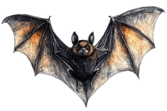 An intricately illustrated bat showcasing its detailed wings and expressive face. Ideal for nature-related projects, Halloween themes, or educational resources.