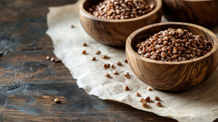 Close up of wooden bowls filled with organic cereal on rustic surface, showcasing natural textures and earthy tones. Perfect for healthy eating and culinary presentations