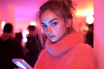 Young woman in cozy sweater using smartphone at vibrant indoor gathering in warm lighting