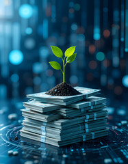 pile of banknotes with with a growing plant on top symbolizing financial growth isolated on digital blockchain background.