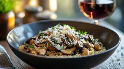 A gourmet quinoa bowl with roasted mushrooms and parmesan shavings, styled with a glass of fine wine in the background