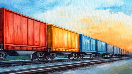 Obraz premium Colorful Freight Train Cars on Tracks at Sunset in Vibrant Watercolor