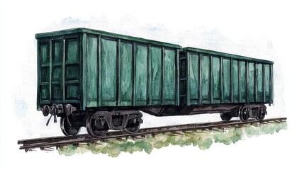 Obraz premium Detailed Illustration of Two Green Train Freight Cars on Tracks