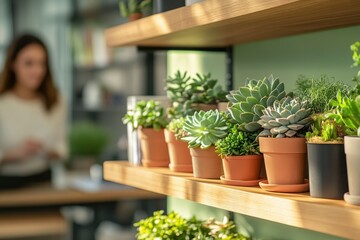Sunlit succulent plants in terracotta pots adorn a wooden shelf, adding a touch of nature to the indoor space.