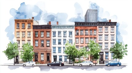 Obraz premium Colorful Row of Brownstone Buildings by Street with Green Trees