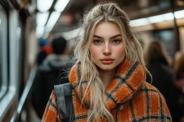 Fototapeta premium Woman in orange-checkered coat stands confidently on subway during a bustling commute in the city
