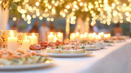 Elegant dining table setting with glowing candles and gourmet appetizers for a festive celebration
