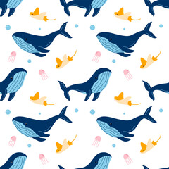 A peaceful seamless pattern of whales swimming with jellyfish and stingrays, creating a calming oceanic scene.