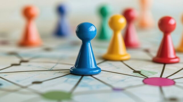 Successful project management timeline concept. Colorful game pieces on a board with connections mapped out.