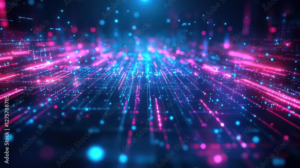 Poster Abstract technology background featuring glowing lines and dots in a digital network design
