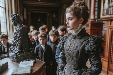 Obraz premium Young students gather around a historical figure in a classroom setting with an elegant woman in period costume