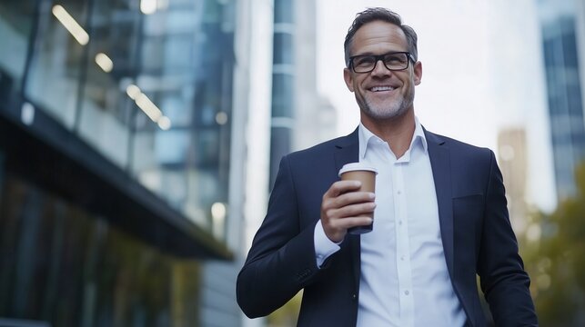 Businessman enjoys coffee while walking in urban environment during morning hours