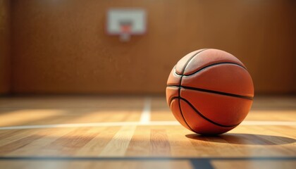 Obraz premium Close-up of basketball on wooden court floor. Classic sports equipment in gymnasium, training setting. Orange sphere, black stripes, wood floor. Background with basketball hoop.
