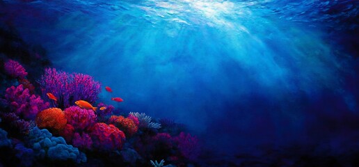 Naklejka premium Vibrant Marine Life Thrives Amidst a Colorful Coral Reef Ecosystem Beneath the Azure Ocean Surface