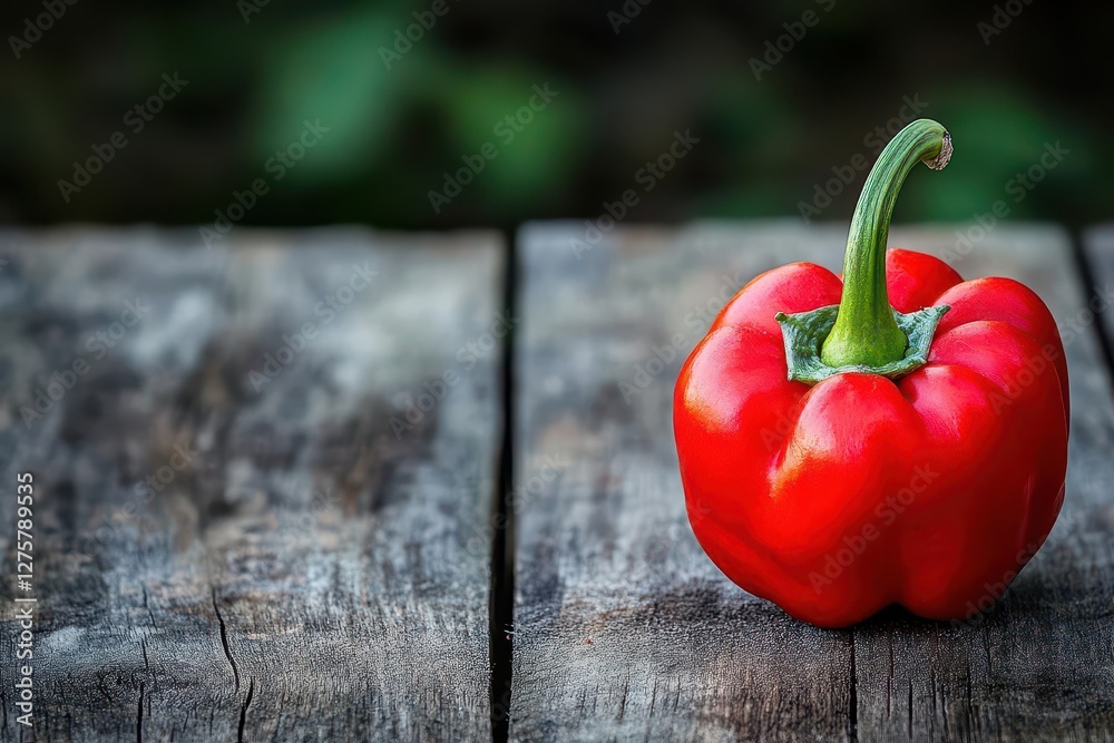 Aufkleber a vibrant red pepper resting on a rustic wooden table, soft natural light casting gentle shadows, wa