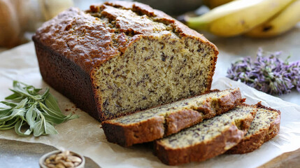 Delicious gluten free banana bread with cracked top, soft texture, and slices revealing its moist interior. Perfect for healthy snack or breakfast option