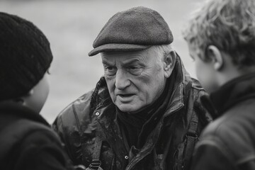 Fototapeta premium Elderly man engages in conversation with two children outdoors in black and white setting during overcast weather