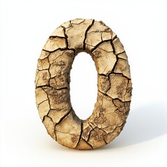 Number 0 made of cracked dry earth with deep fissures isolated on a clean white background