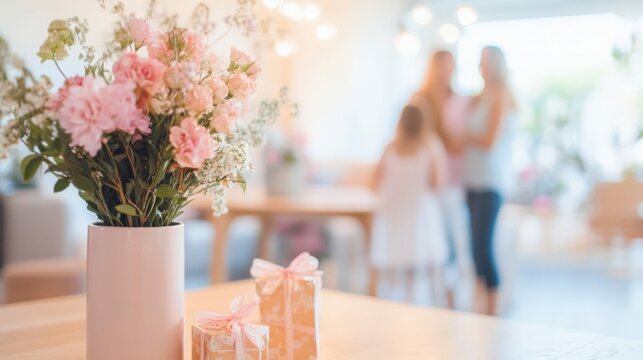 A family celebrating a special occasion with flowers and gifts in a vibrant and modern living space, cheerful and colorful vibe,