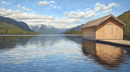 Fototapeta premium Mountain lake boathouse calm summer reflection serenity