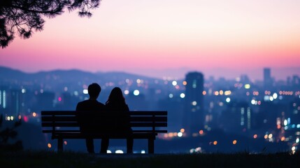 A couple sitting on a bench overlooking a scenic cityscape at dusk, romantic and peaceful,