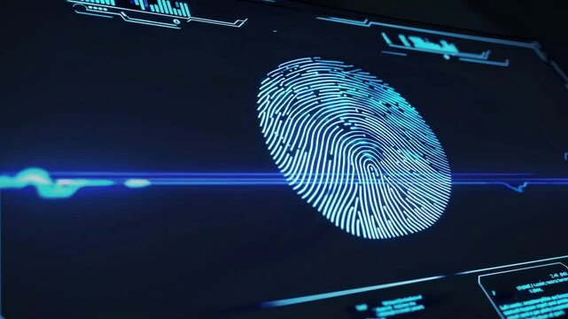 Detailed Digital Representation of a Fingerprint on a Futuristic Screen in a Security and Identification Concept with Blue and Black Color Scheme