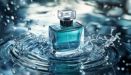 Teal Perfume Bottle In Water Splash