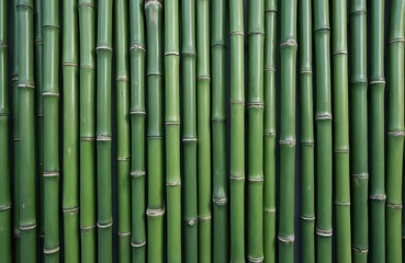 Fototapeta premium Fresh green bamboo wall background in front view. Oriental zen composition of many bamboo sticks. Ecology, environment and healthy lifestyle concept. Asian design element.