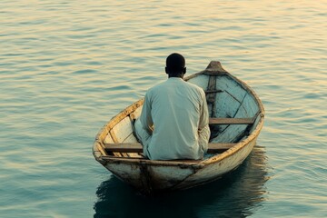 Man in a small wooden boat enjoying a peaceful moment on the calm water at sunset near a serene location