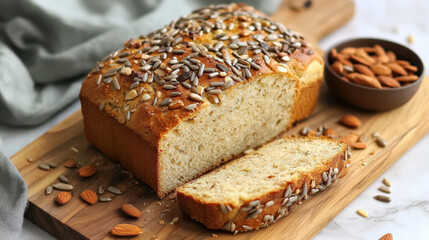 Naklejka premium Freshly baked keto bread loaf topped with sunflower seeds, sliced, and served with almonds. Perfect for healthy diet and low carb meals