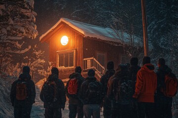 Group of friends gathering in front of cozy cabin illuminated by glowing window during winter night