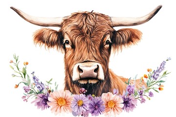 Highland cow floral portrait, farm, spring